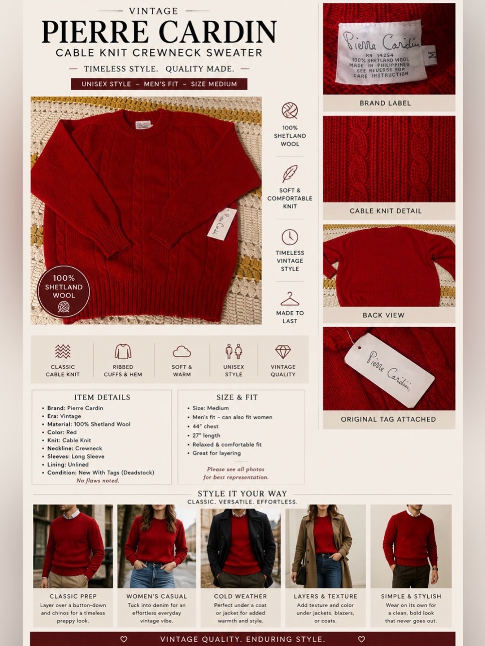 Vintage 80s- Pierre Cardin - Shetland Wool -Red Cable Knit Crewneck Sweater